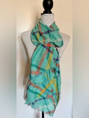 Coach Mint Plaid Oblong Scarf with Multicolor Stripes